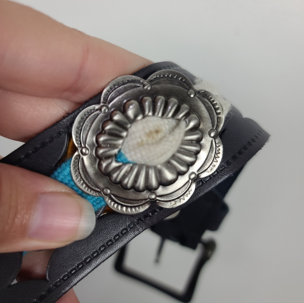 Vintage Charcoal Gray Western Leather Serape Silver-Tone Stamped Concho Belt M - Picture 16 of 16